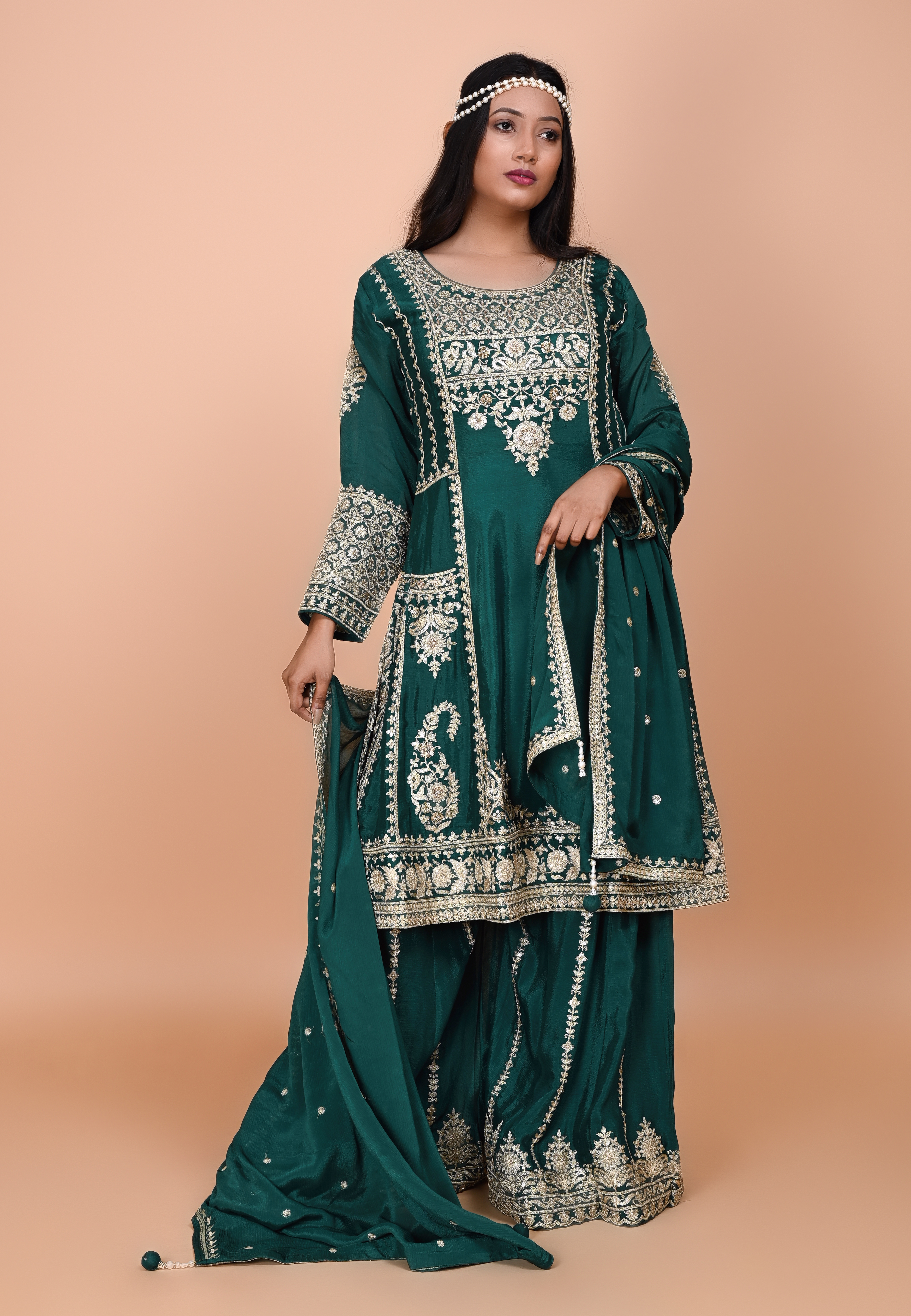 Bottle Green Straight Suit With Palazzo Pant
