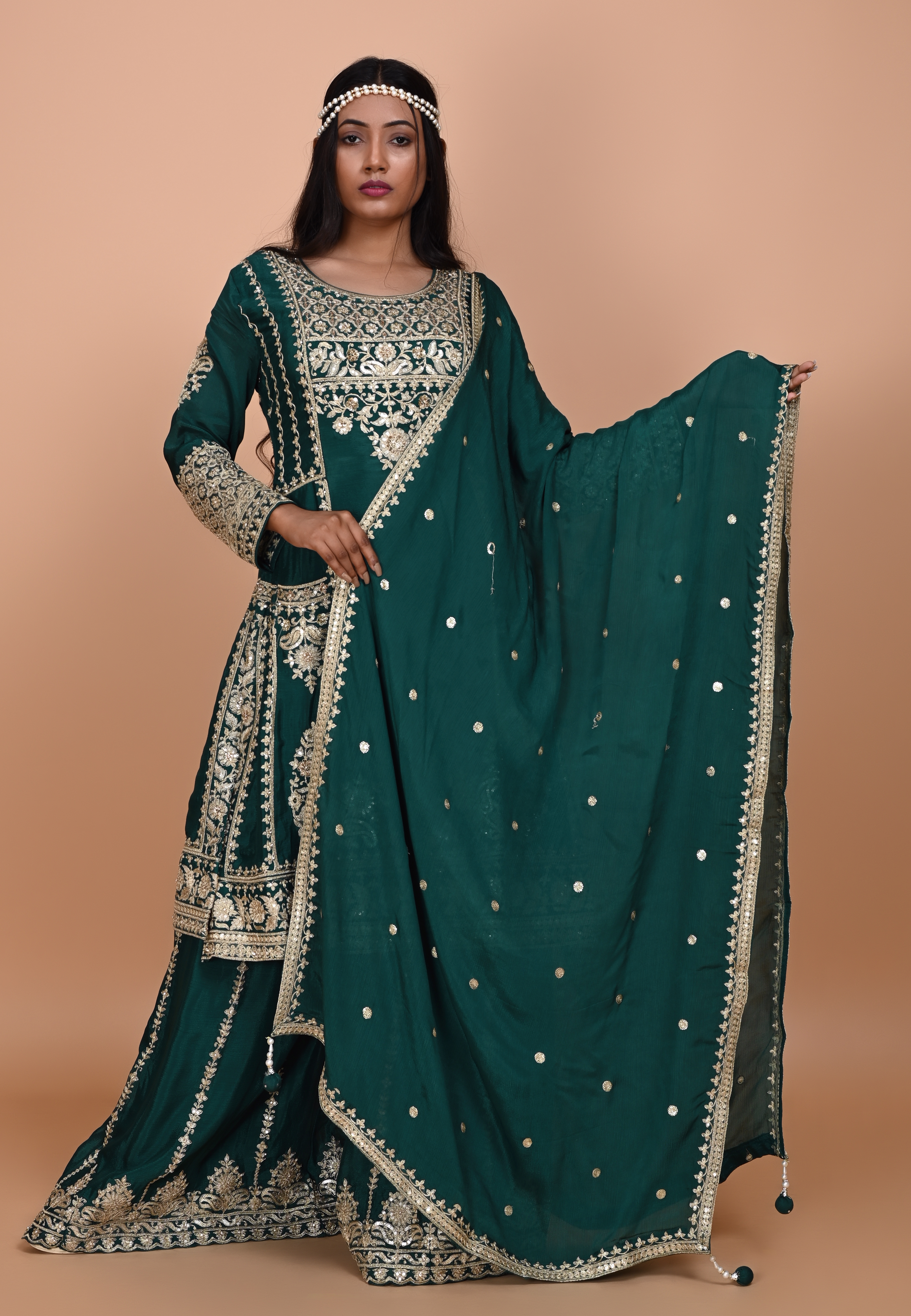 Bottle Green Straight Suit With Palazzo Pant
